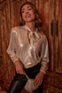 Moonshine Foil Ribbed Knit Tie Neck Top